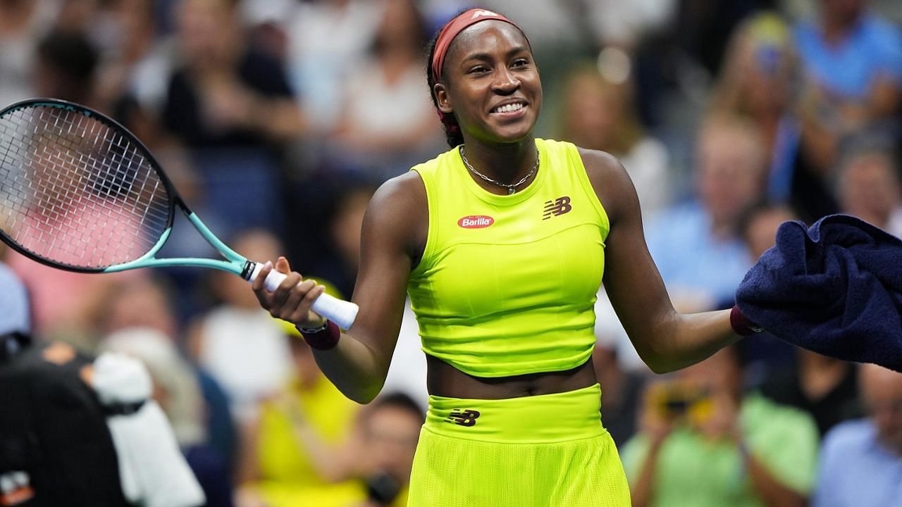 Coco Gauff celebrates at the 2023 US Open
